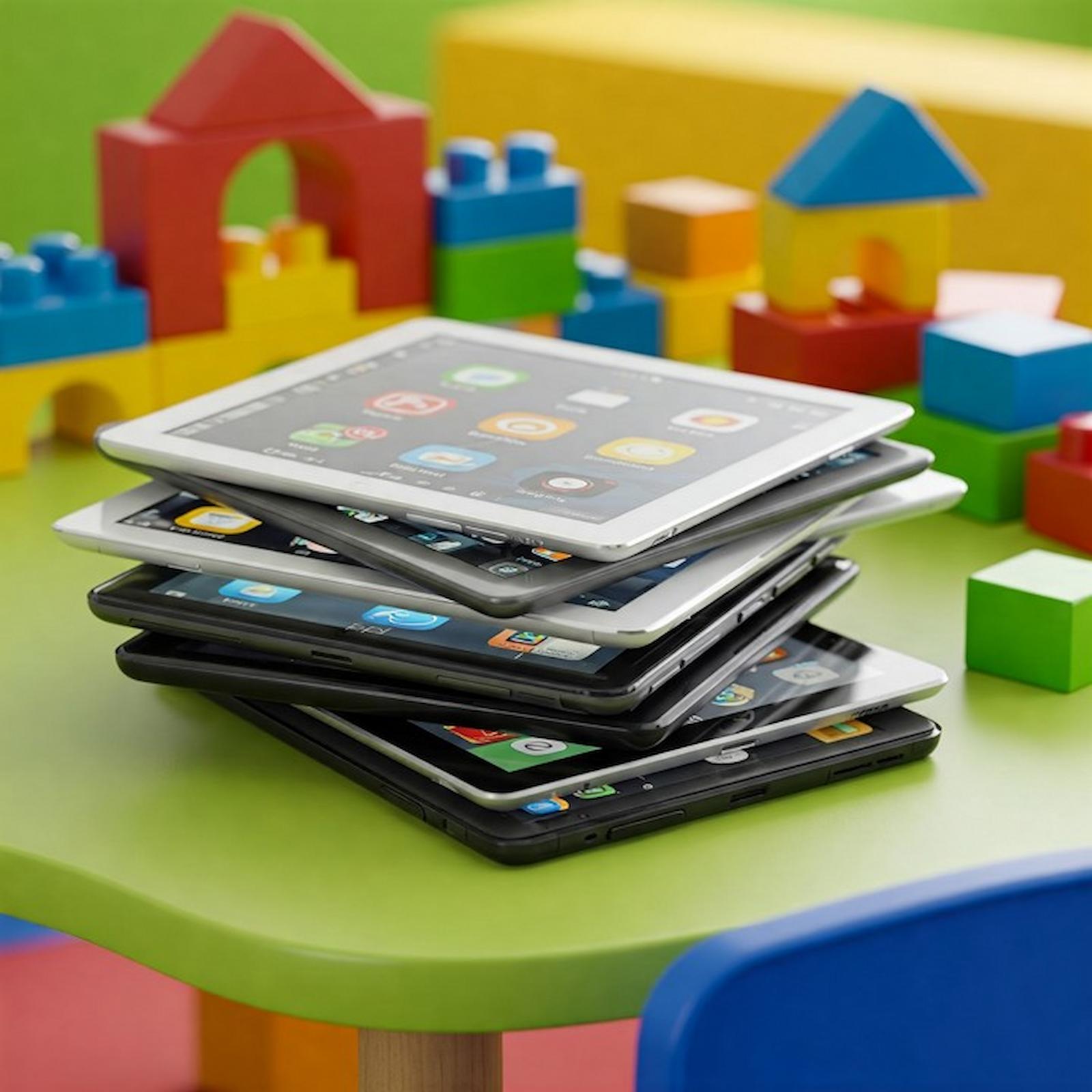 Tablets und Smartphones auf einem Kindertisch mit bunten Bauklötzen – Medienbildung in der Kita
